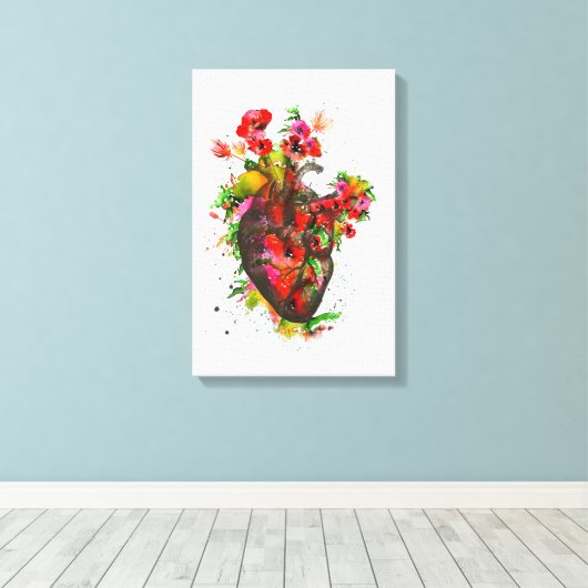 Anatomisch hart met bloemen, floreel hart canvas afdruk (Insitu (Houten vloer))
