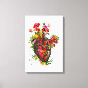 Anatomisch hart met bloemen, floreel hart canvas afdruk
