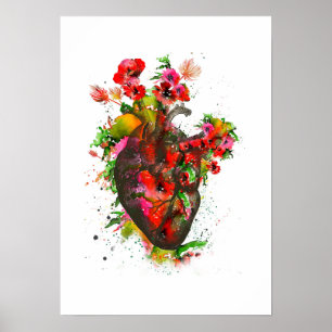 Anatomisch hart met bloemen, floreel hart poster