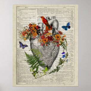 Anatomisch Hart met Bloemen & Kolibrie Poster