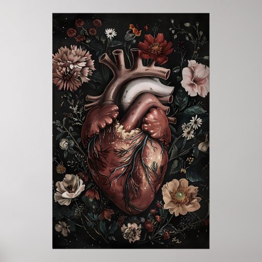 Anatomisch Hart Met Bloemen Print, Vintage Poster (Voorkant)
