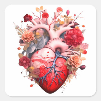 Anatomisch hart met bloemen vierkante sticker