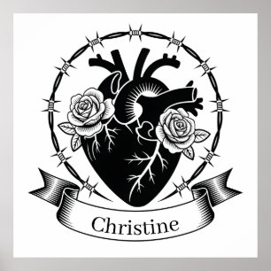 Anatomische Hart Tattoo: Zwart en Wit Ontwerp Poster