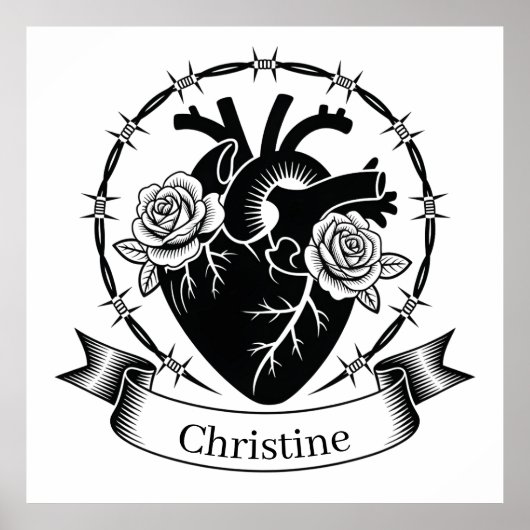 Anatomische Hart Tattoo: Zwart en Wit Ontwerp  Poster (Voorkant)