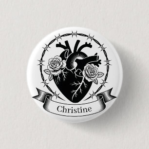 Anatomische Hart Tattoo: Zwart en Wit Ontwerp Ronde Button 3,2 Cm