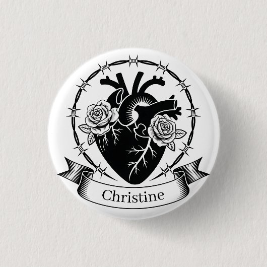 Anatomische Hart Tattoo: Zwart en Wit Ontwerp Ronde Button 3,2 Cm (Voorkant)