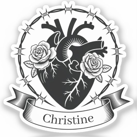 Anatomische Hart Tattoo: Zwart en Wit Ontwerp Sticker (Voorkant)