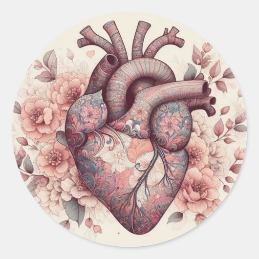 Anatomische liefde: een bloeiend menselijk hart ronde sticker (Voorkant)