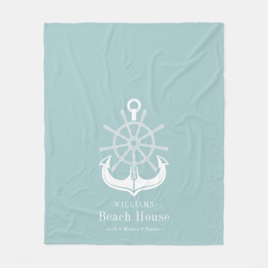 Anchor Beach House Familienaam Blauwgroen Fleece Deken (Voorkant)