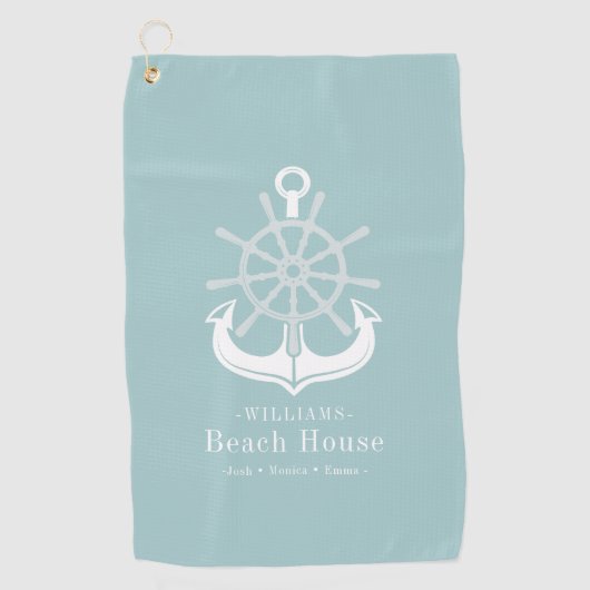 Anchor Beach House Familienaam Blauwgroen Golfhanddoek (Voorkant)