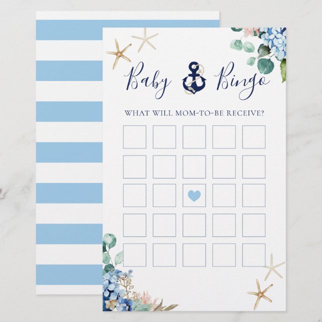 Anchor Beach Nautical Floral Baby shower Bingo (Voorkant / Achterkant)