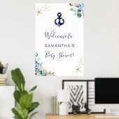 Anchor Beach Nautical Floral Baby shower Welkom Poster (Thuiskantoor)