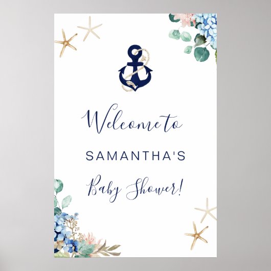 Anchor Beach Nautical Floral Baby shower Welkom Poster (Voorkant)