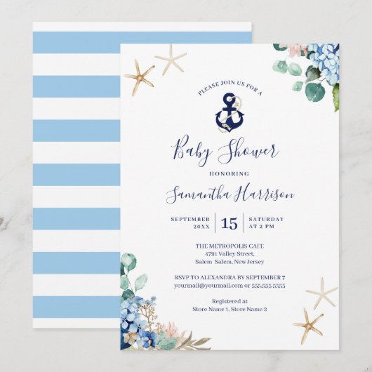 Anchor Blue Beach Nautical Florence Baby shower Kaart (Voorkant / Achterkant)