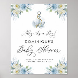 Anchor Blue Floral Nautical Baby shower Welcome Poster