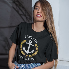 Anchor Boat of Captain Name Gold Laurel Star Black T-shirt