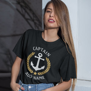 Anchor Boat of Captain Name Gold Laurel Star Black T-shirt