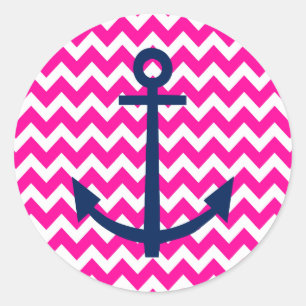 Anchor Chevron Nautical Pink and Navy Ronde Sticker