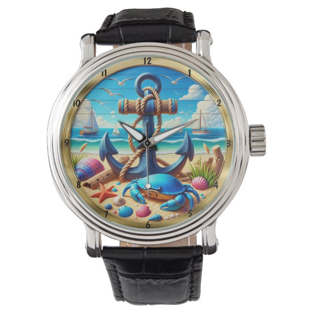 Anchor Crab Beach Nautical  Horloge (Voorkant)