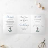 Anchor en stoffige blauwe bloemen nautische bruilo drieluik uitnodiging (Binnen)