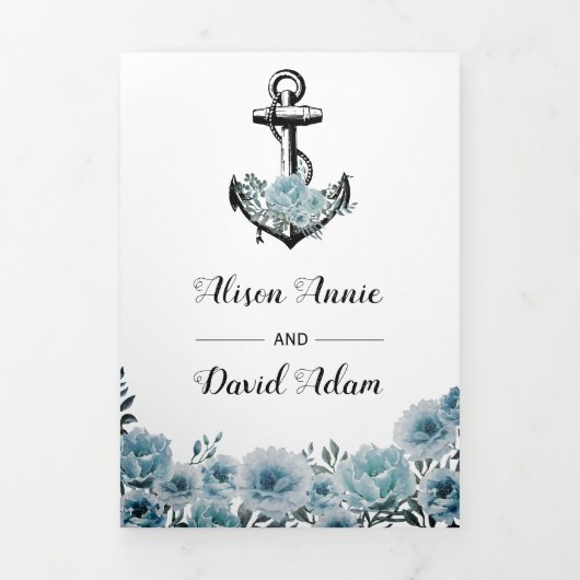 Anchor en stoffige blauwe bloemen nautische bruilo drieluik uitnodiging (Cover)