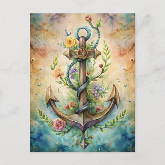 Anchor Flowers Ocean Nautical Pastel Coastal Briefkaart (Voorkant)