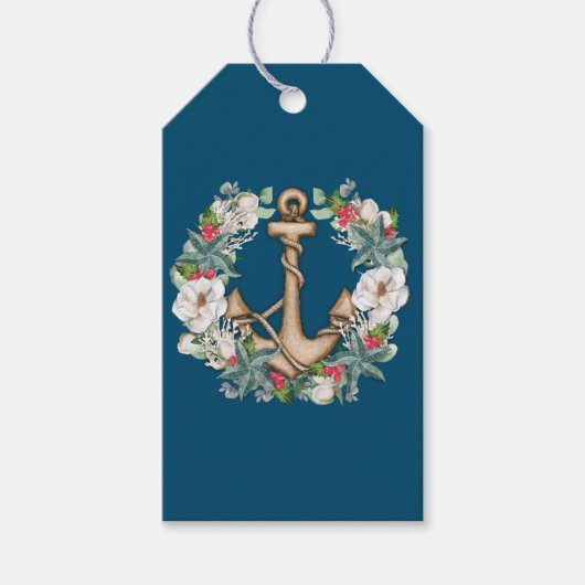 Anchor & Kerstmis Wreath | Donkere Blauwgroen Gift Cadeaulabel (Voorkant)