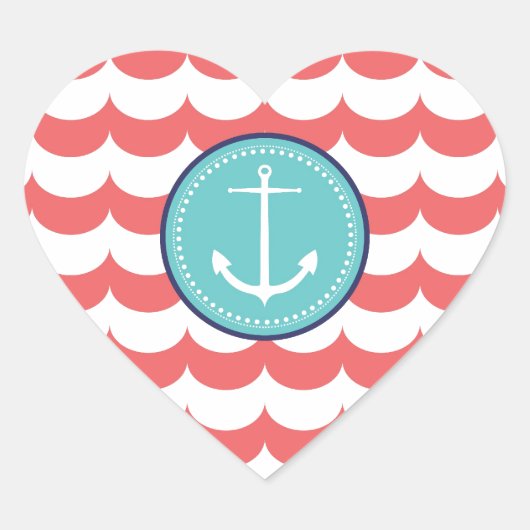 Anchor met Coral Waves Pattern Hart Sticker (Voorkant)