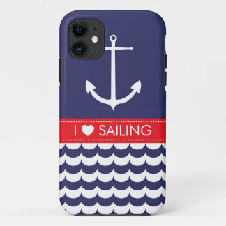 Anchor met golven en aangepaste naam in marine & R iPhone 11 Hoesje