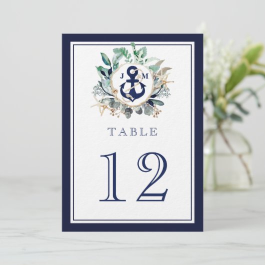 Anchor Monogram Greenery Navy Wedding Table Number (Staand voorkant)