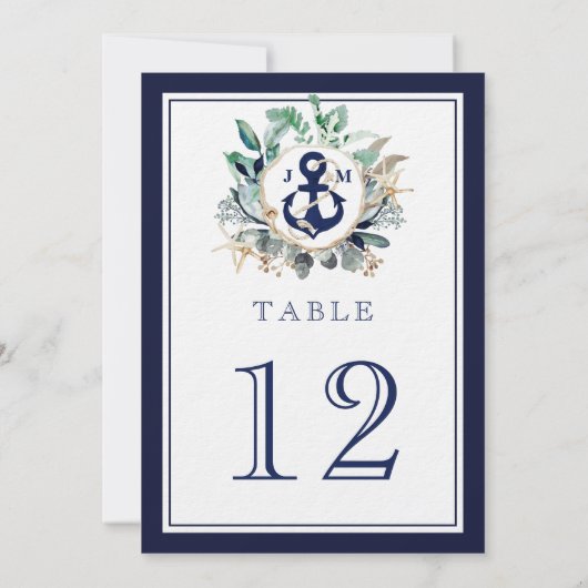 Anchor Monogram Greenery Navy Wedding Table Number (Achterkant)