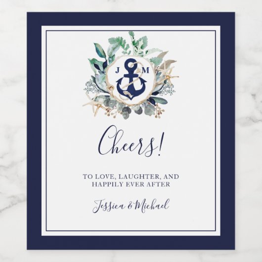 Anchor Monogram Greenery Wreath Navy Wedding Wijn Etiket (Enkel label)