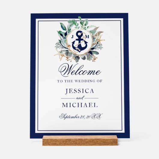 Anchor Monogram Greenery Wreath Wedding Welkom Acryl Bord (Voorkant)