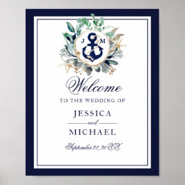Anchor Monogram Greenery Wreath Wedding Welkom Poster