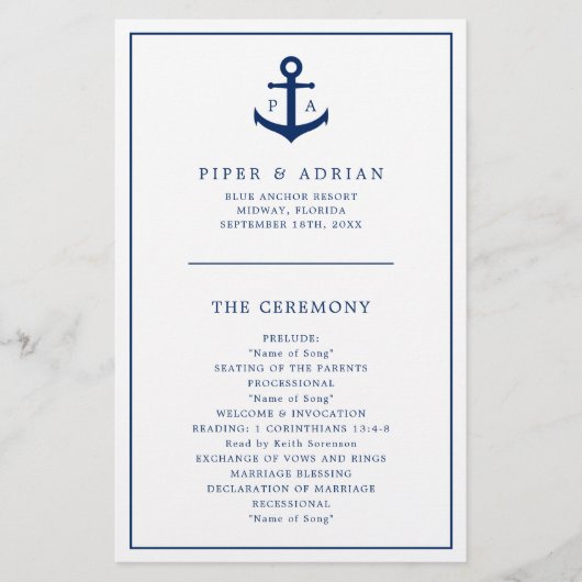Anchor Monogram Nautical Budget Wedding Programme Flyer (Voorkant)