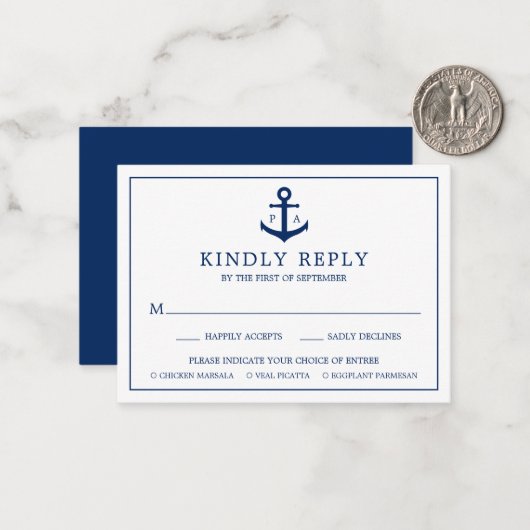 Anchor Monogram Nautical Wedding Mini RSVP-kaart Notitiekaartje (Voorkant / Achterkant in situ)
