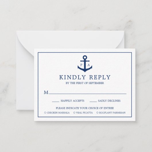 Anchor Monogram Nautical Wedding Mini RSVP-kaart Notitiekaartje (Voorkant)