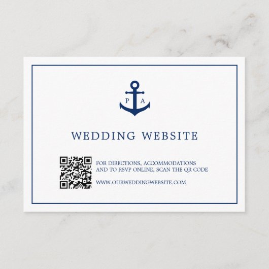 Anchor Monogram QR Code Nautical Website Weddensch Informatiekaartje (Voorkant)