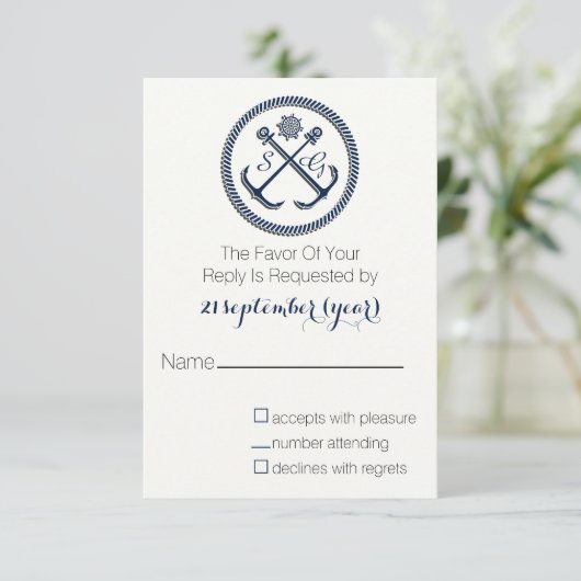 Anchor Monogrammen, Nautical Wedding rsvp 3,5 x 5 (Staand voorkant)