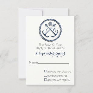 Anchor Monogrammen, Nautical Wedding rsvp 3,5 x 5 Kaartje