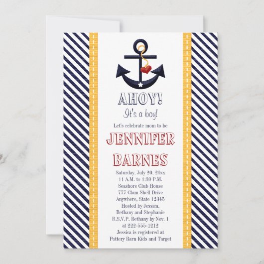 Anchor Nautical Baby Shower Invitation Yellow Kaart (Voorkant)