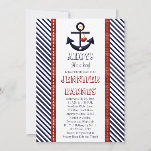 Anchor Nautical Baby Shower-uitnodigingen Kaart (Voorkant)