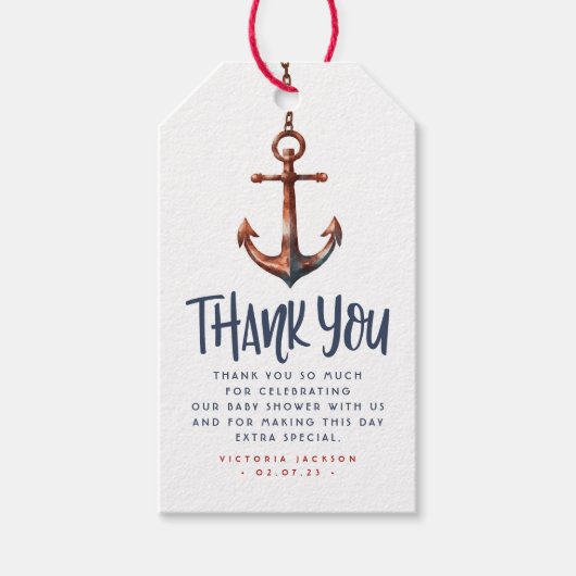 Anchor Nautical Blue en Red Baby shower Dank je Cadeaulabel (Voorkant)