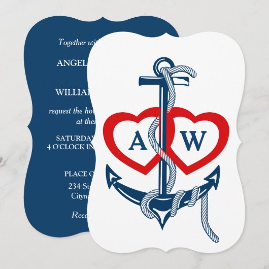 Anchor Nautical bruiloft uitnodigingen blauw rood (Voorkant / Achterkant)