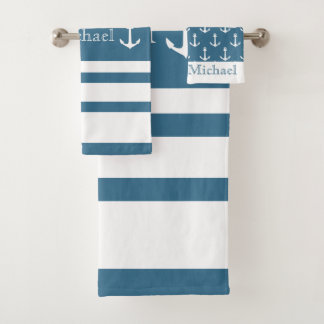 Anchor Nautical Coastal Blue White Stripes Name Bad Handdoek