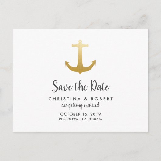 Anchor Nautical Faux Gold Foil | Datum opslaan Aankondigingskaart (Voorkant)