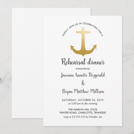 Anchor Nautical Faux Gold Foil | repetitief diner Kaart (Voorkant / Achterkant)