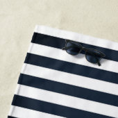 Anchor Nautical Navy Blue Striped Strandlaken (In situ)