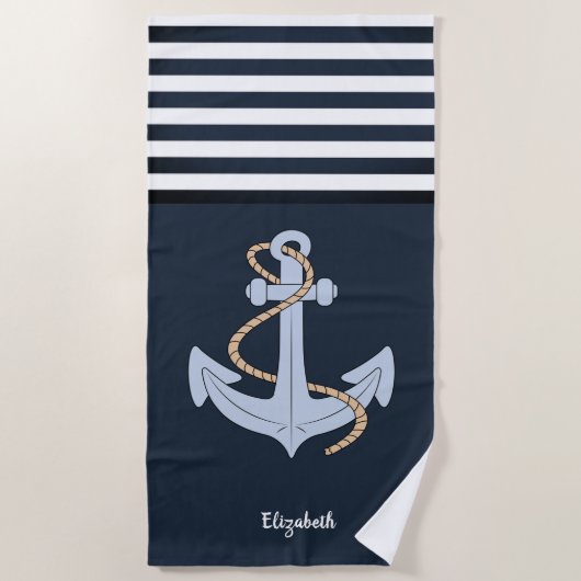 Anchor Nautical Navy Blue Striped Strandlaken (Voorkant)