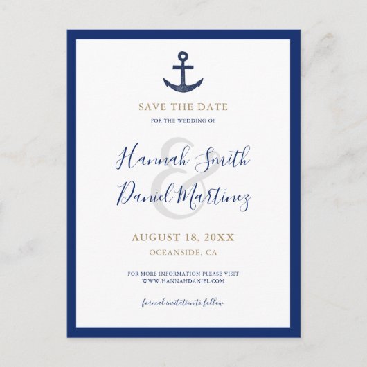 Anchor Nautical Navy Blue Wedding Save the Date Aankondigingskaart (Voorkant)